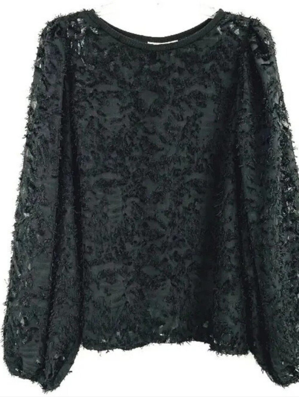 NWT Emma & Michele Black Eyelash Fringe Puff Sleeve Top Blouse Large L